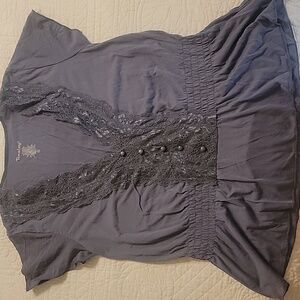 Gray Lace Trim Blouse Sz M